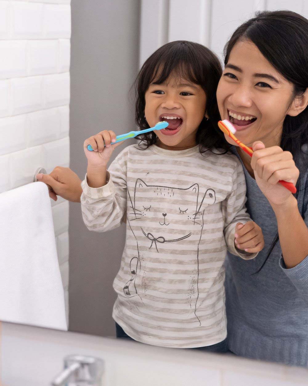 Child & mother brushing teeth - proper dental care